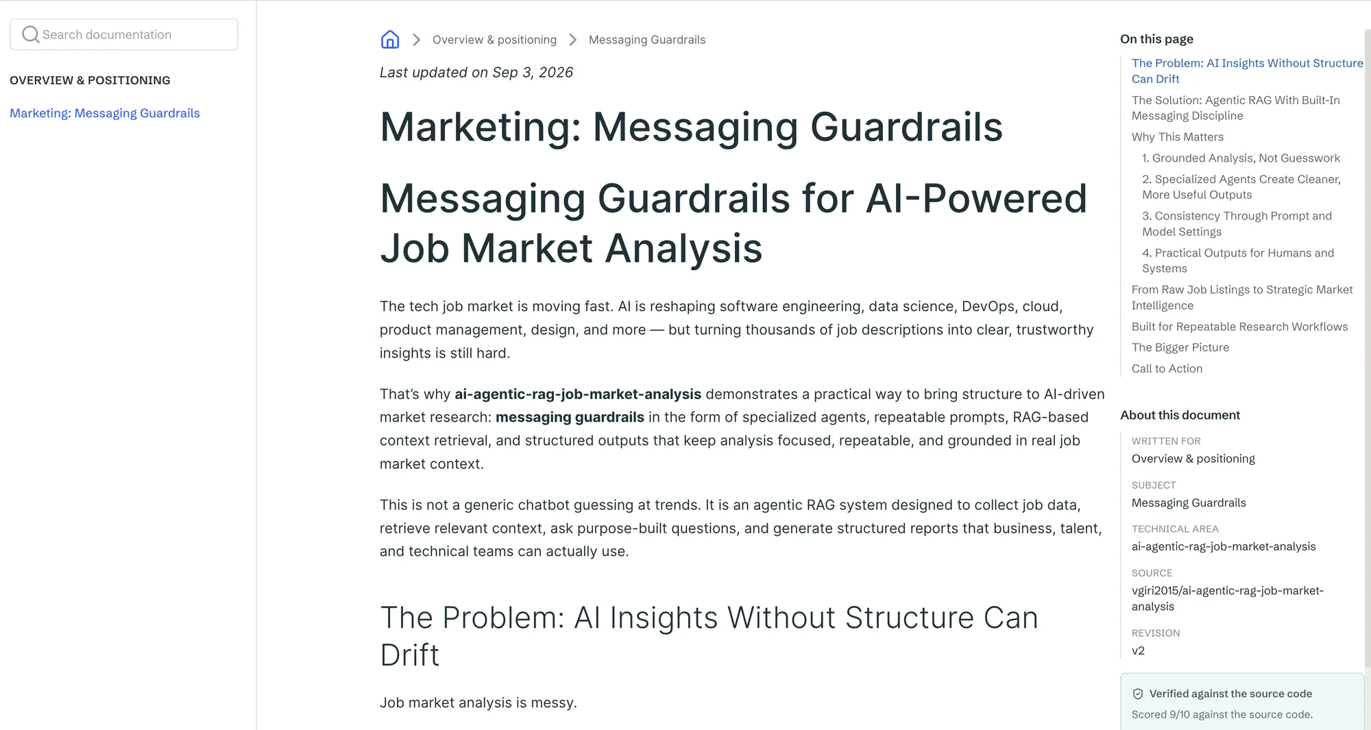 A published Knops AI help portal document with a searchable sidebar, an on-this-page contents list, and a panel naming the repository it was written from, its revision, and that it was verified against the source code