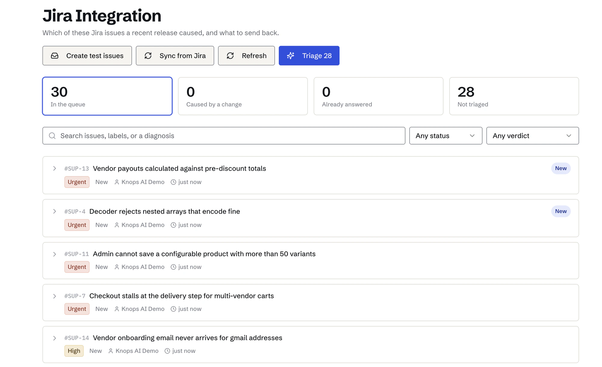 Knops AI Jira integration: synced issues with priority and status, counted by how many are caused by a change, already answered or not yet triaged